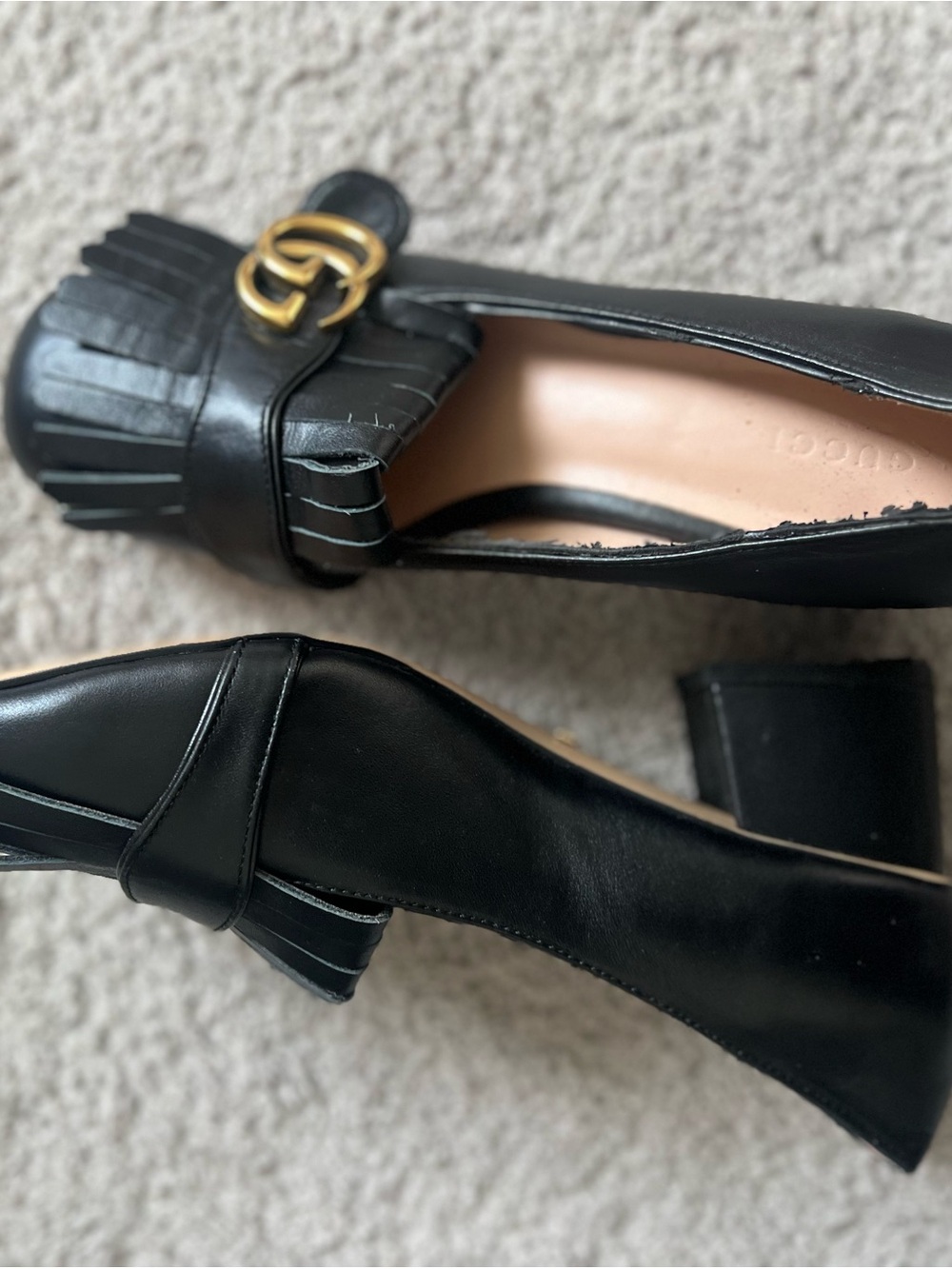 Gucci Black Leather Kiltie Loafers with Gold GG Accent